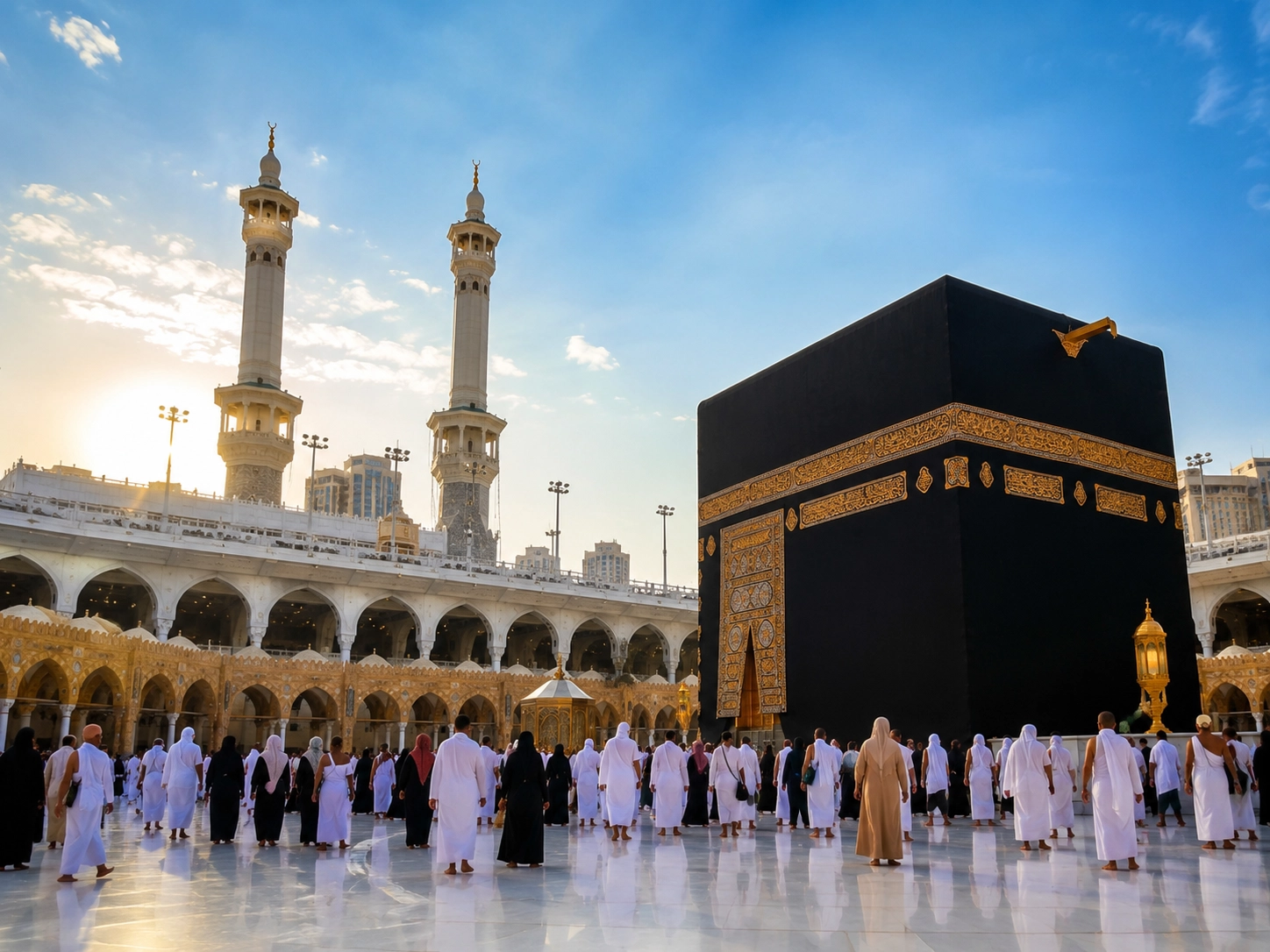 Pilgrims gathered near the Kaaba at Masjid al-Haram